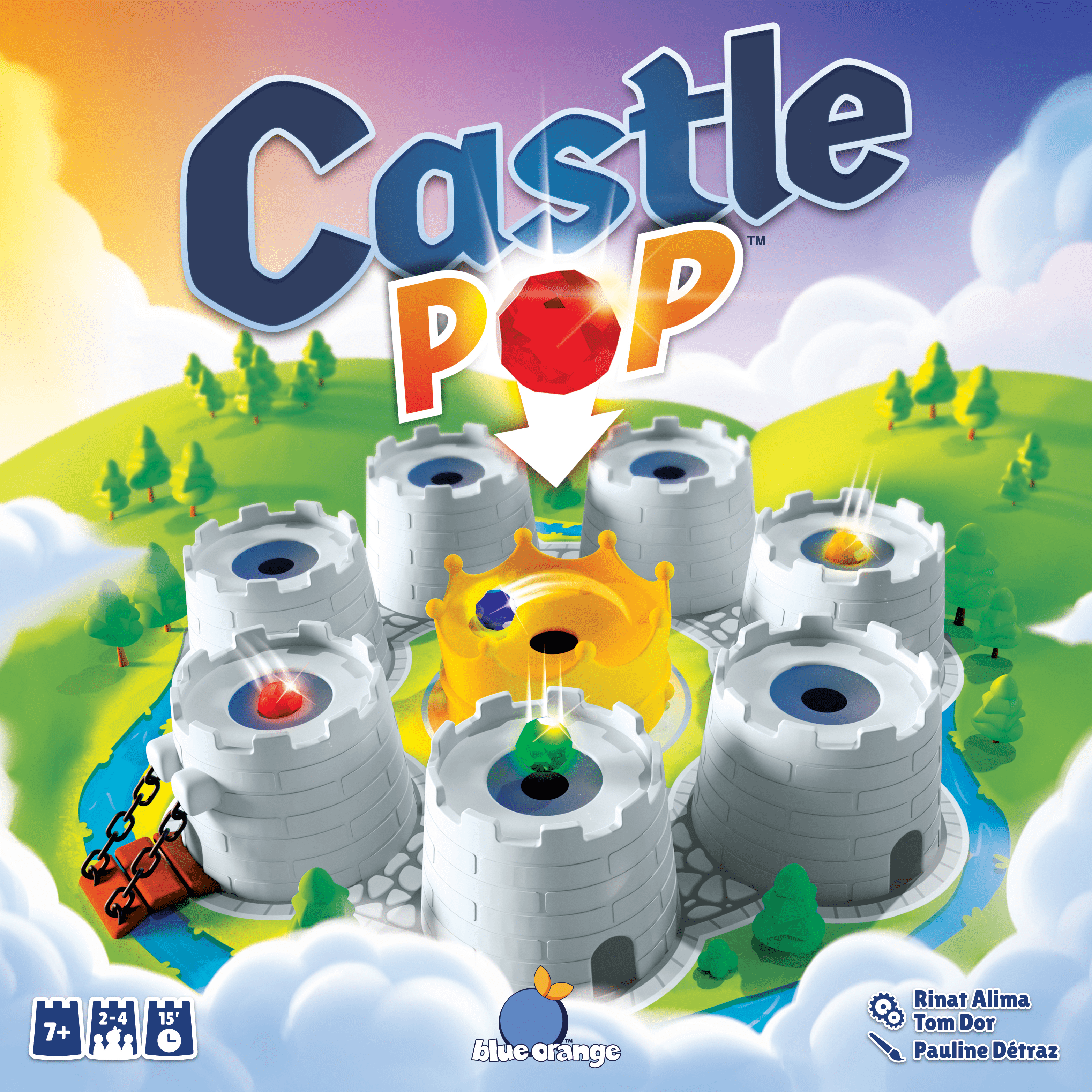 The front cover of Castle Pop features seven white castles surrounding a golden crown, with colored gems falling into some of the locations.