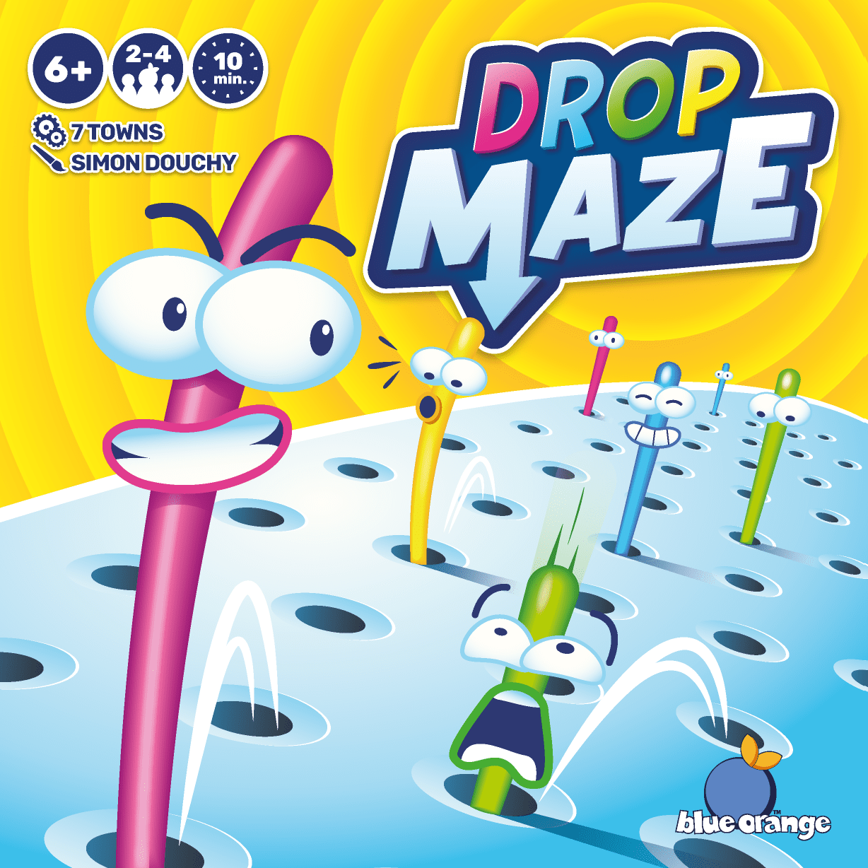 The front cover of Drop Maze features a surface with many holes, some of them occupied by plastic sticks with silly faces.