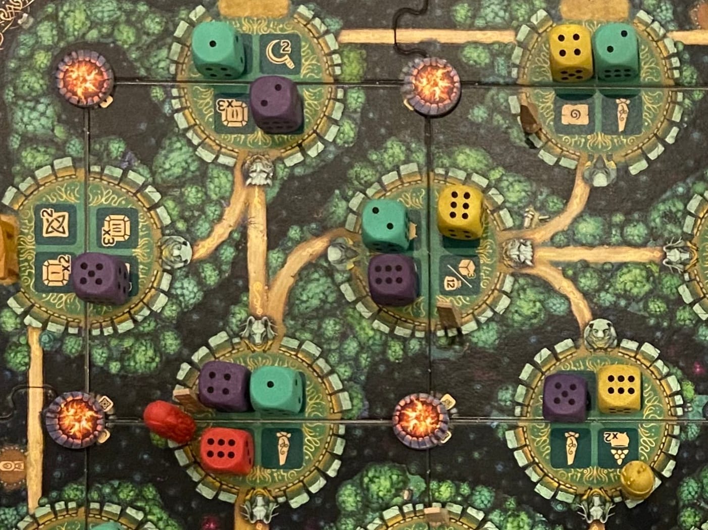 Six sites on the game board, with 1-3 dice on each site.