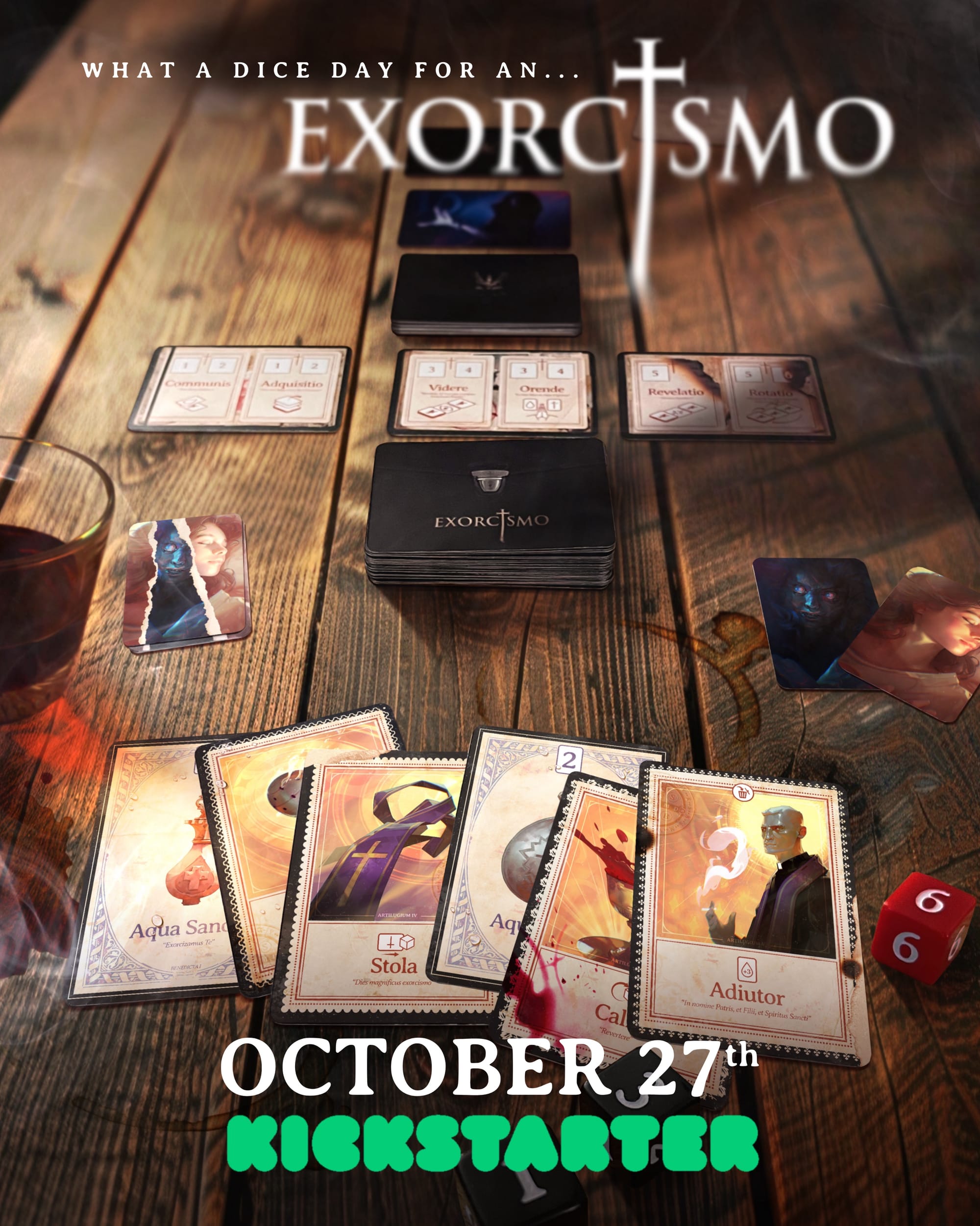 Promotional image for Exorcismo, which shows decks of cards, face-up cards, and dice on a wooden table.