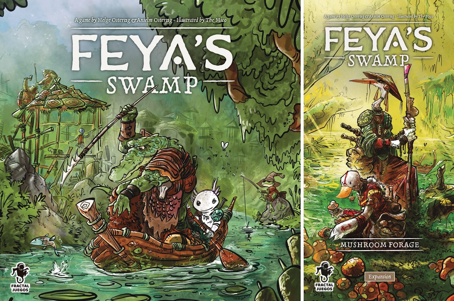 The front covers of Feya's Swamp and the Mushroom Forage, both of which feature anthropomorphic animals in tiny boats in a swamp.