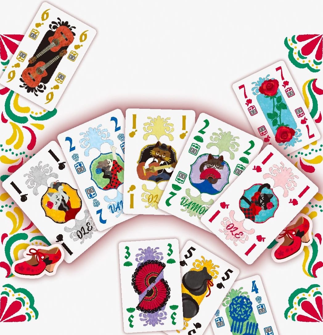 Sample cards in Flamenco, which feature dancing cats, guitars, roses, and other flamenco-related items.