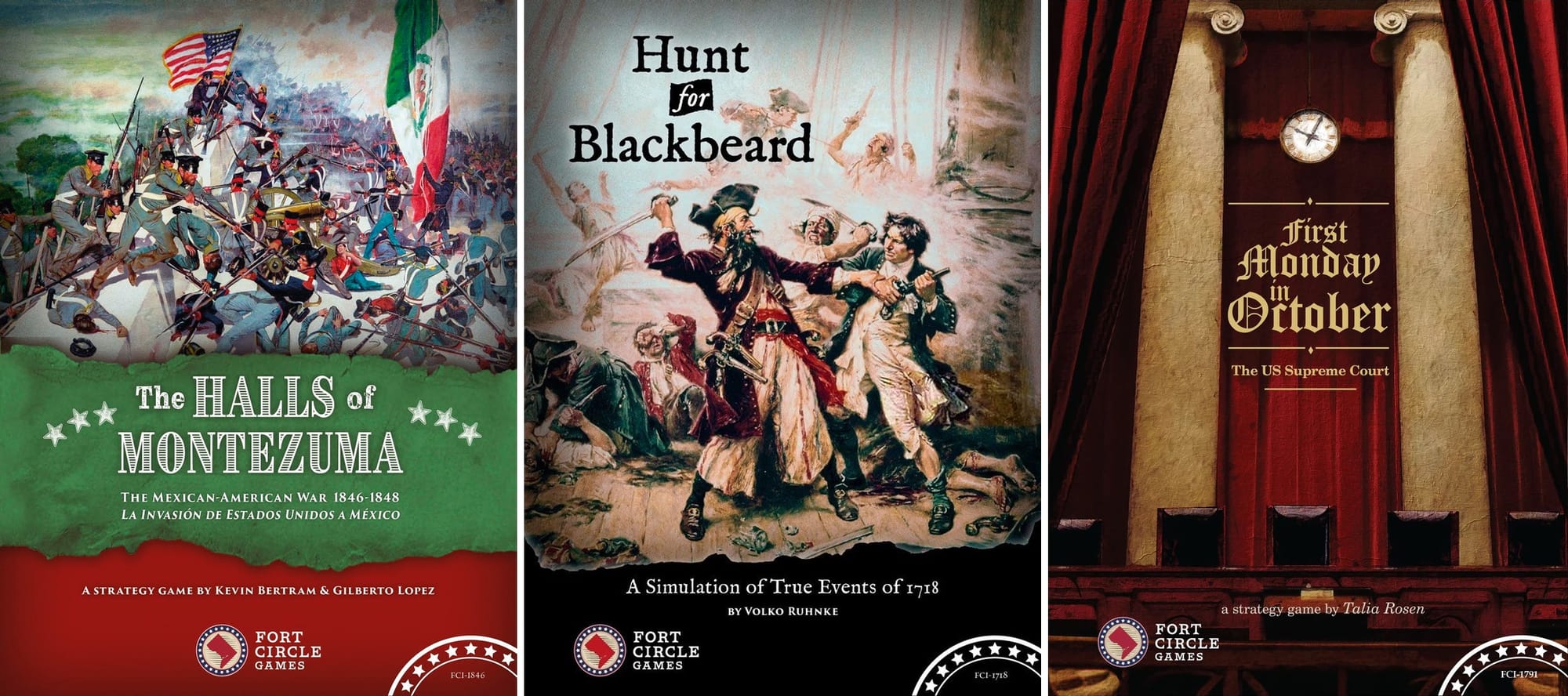 Front covers of The Halls of Montezuma, Hunt for Blackbeard, and First Monday in October.