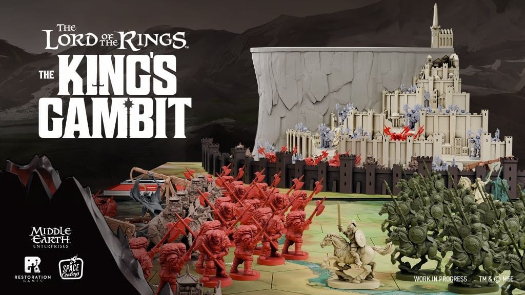 In addition to the logo, the image features two plastic miniature armies facing off, with a large fortress in the background.