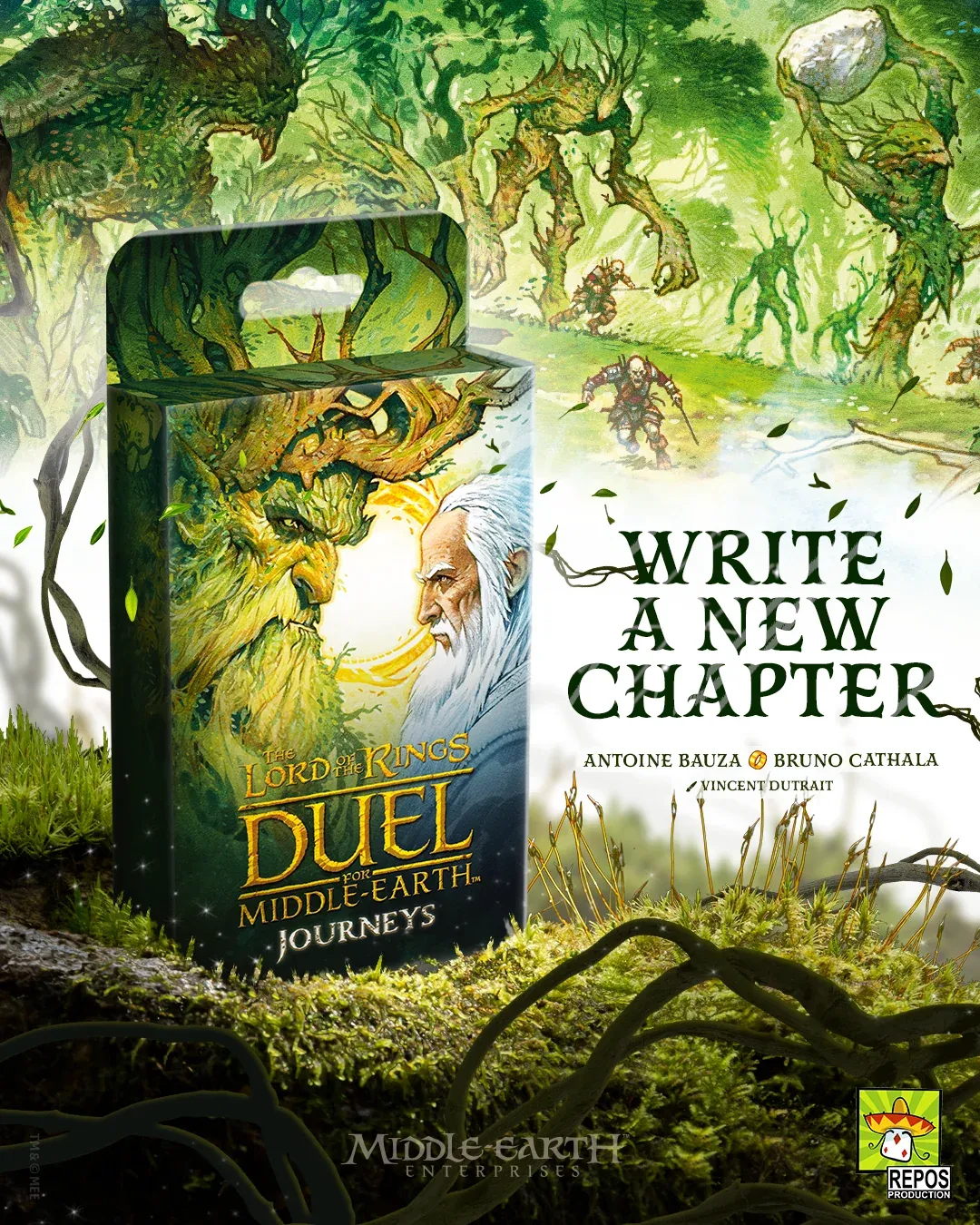 This promotional image for The Lord of the Rings: Duel for Middle-earth – Journeys features a box cover showing a living tree holding a staring contest with an old man with a long white beard. The rest of the image shows walking trees and the text "Write a new chapter".