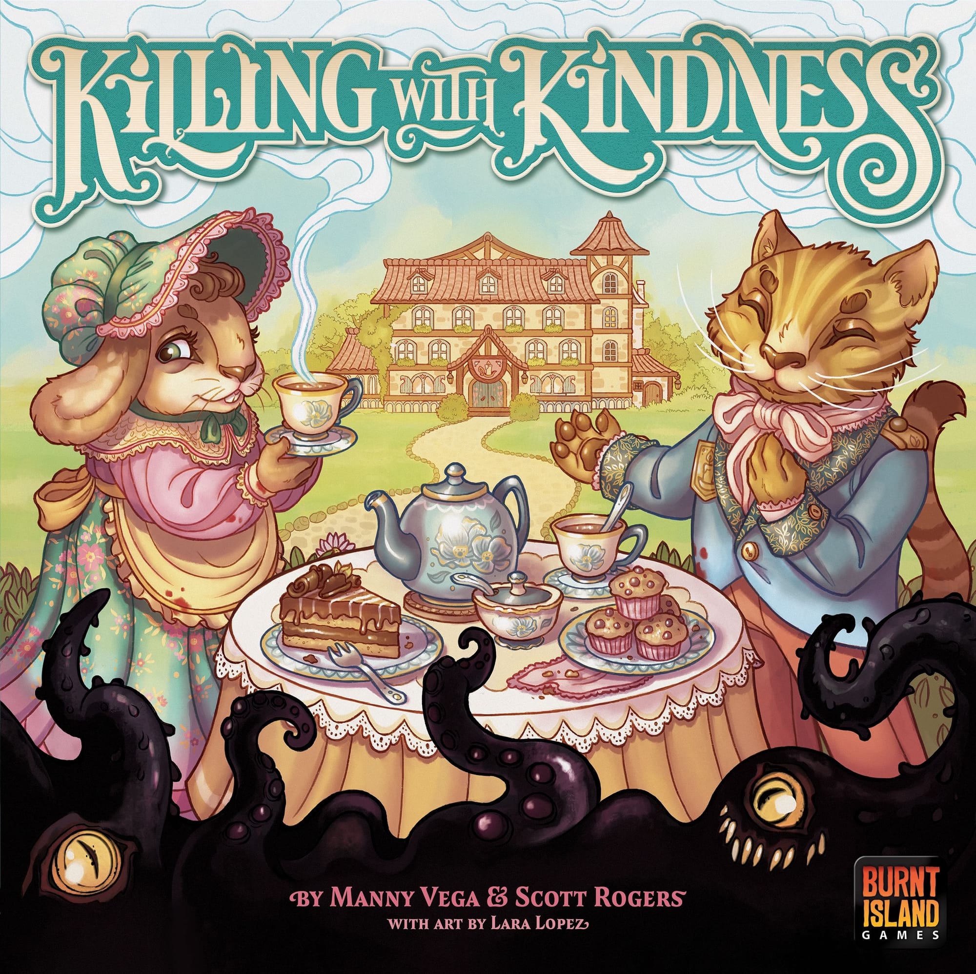 The front cover of Killing with Kindness features a cat and bunny in fancy outfits having tea and snacks, while shadowy beings tentacles and single eyes stare at them.