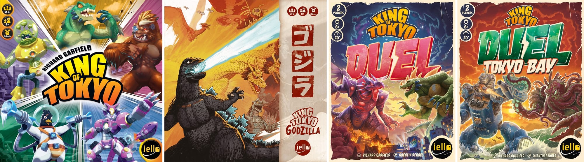 Front covers of King of Tokyo (second edition) King of Tokyo: Godzilla, King of Tokyo: Duel, and King of Tokyo: Duel – Tokyo Bay.