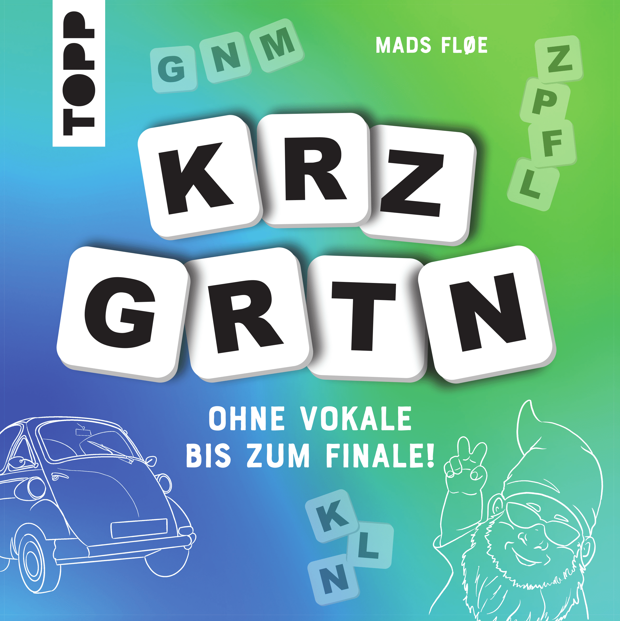 Front cover of KRZ GRTN, which shows consonants on tiles, along with a gnome and a tiny European car.