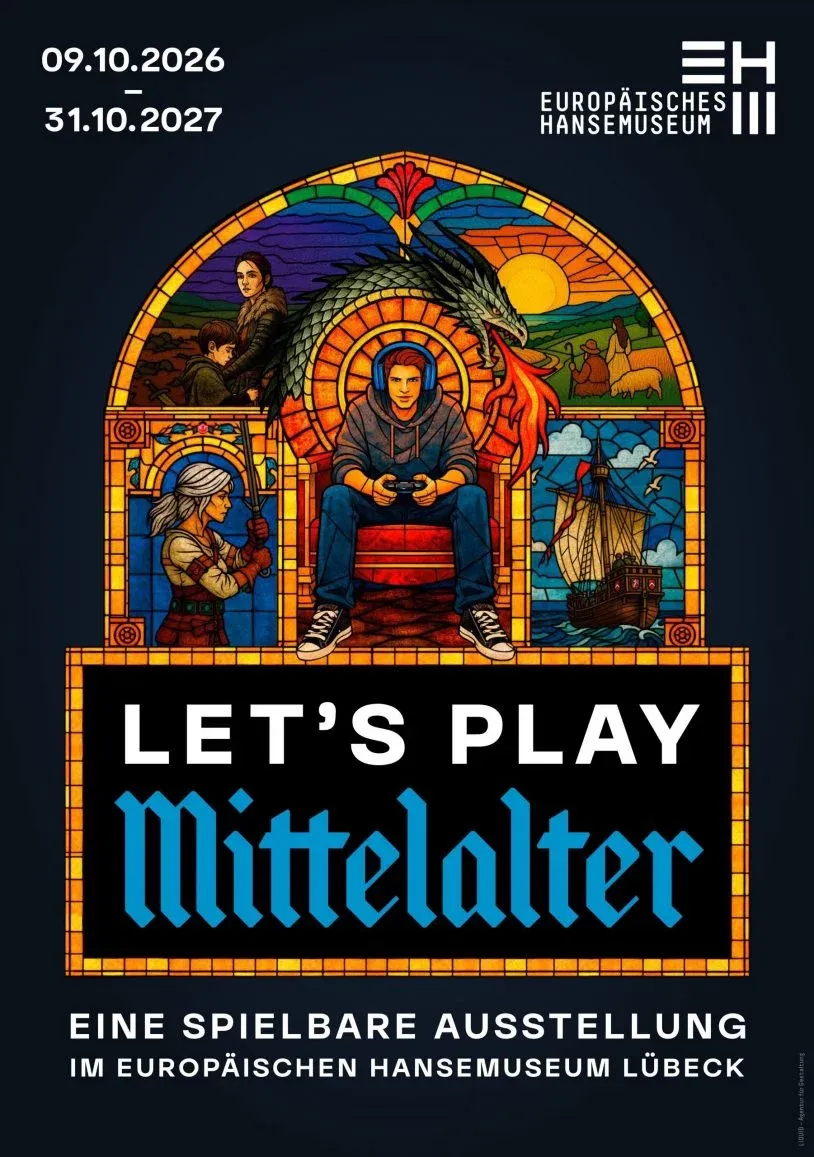 Publicity post for "Let's Play Mittelalter", with a stained glass-style arched image featuring scenes of life in the Middle Ages around a guy wearing headphones and holding a video game controller.