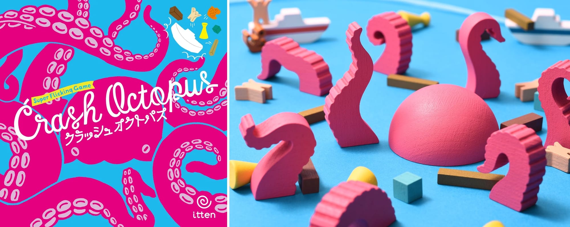The front cover of Crash Octopus features a comic pink octopus next to tiny wooden bits; the image on the right shows wooden game components, including the rounded dome of an octopus' head and eight flailing tentacles.