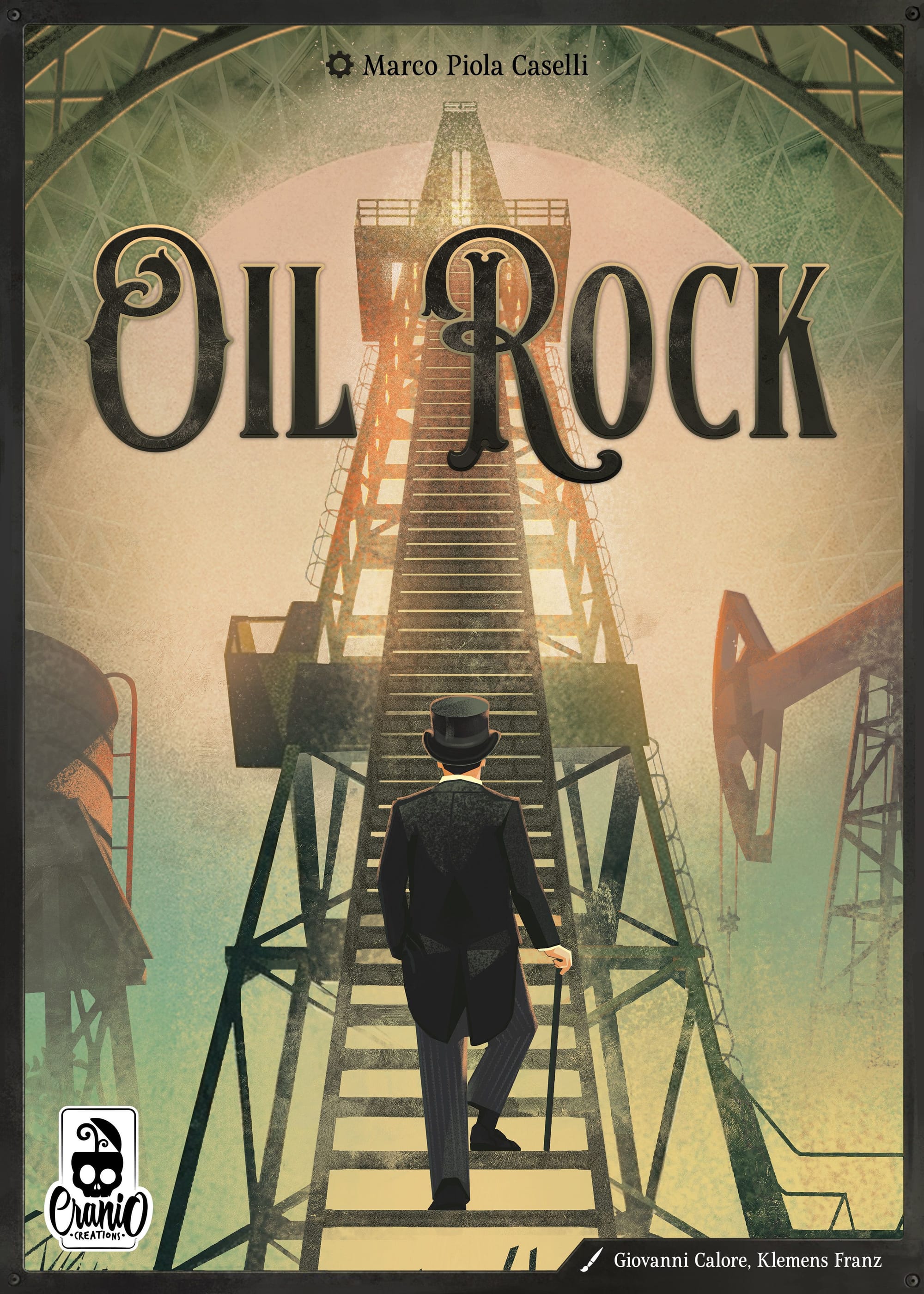 Front cover of Oil Rock, which shows a person in fancy clothes walking up steps on an oil rig.