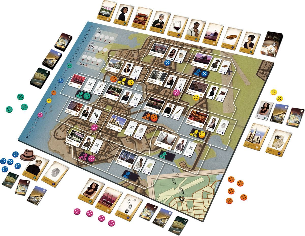 The game board shows a city divided into 14 locations, each bearing a random suspect card and random evidence card. Nine clue cards are visible above the board.