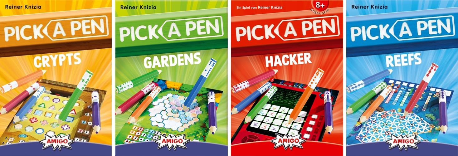 Front covers of Pick a Pen: Crypts, Pick a Pen:: Gardens, Pick a Pen: Hacker, and Pick a Pen: Reefs.
