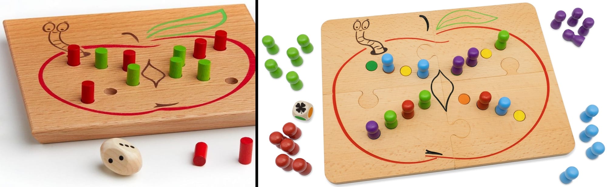 The image on the left shows an apple with four trails of three spaces leading to the core; an oval die shows the numbers 1-4, and green and red pegs are in the holes. The image on the right is described at the top of the page.