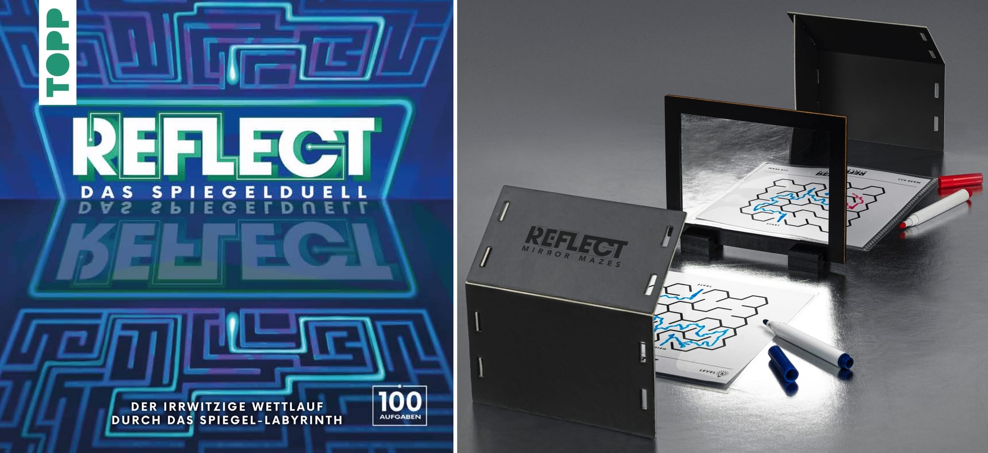 Front cover of Reflect: Das Spiegelduell, and a demonstration of gameplay, which shows a paper maze behind a screen, allowing the viewer to see the maze only in a mirror's reflection.
