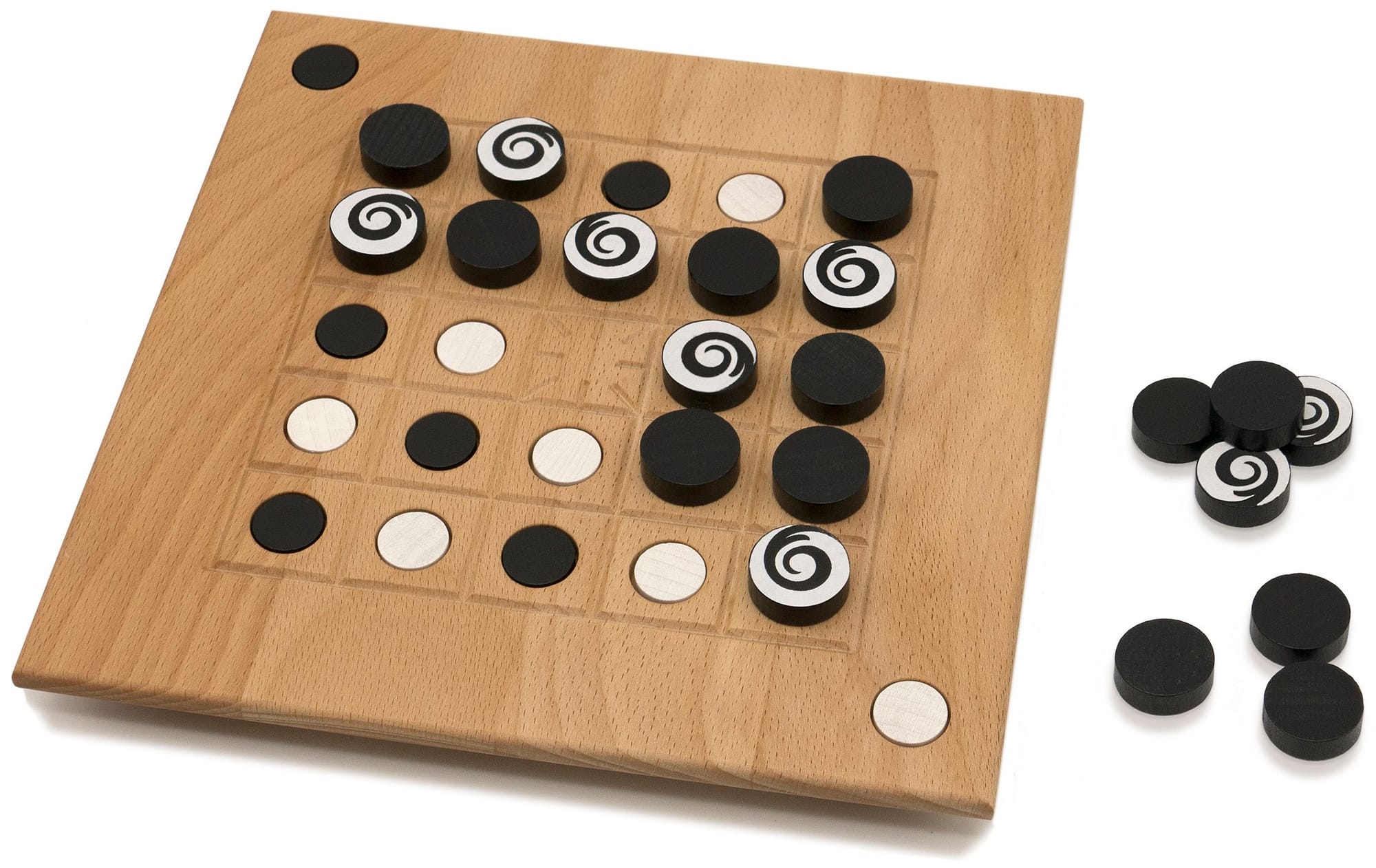 Rivolto consists of a wooden game board with a 5x5 grid, with holes in the outer 24 spaces of that grid. Twelve white and twelve black tokens fill those holes. Larger tokens that are black and white on alternate sides are nearby.