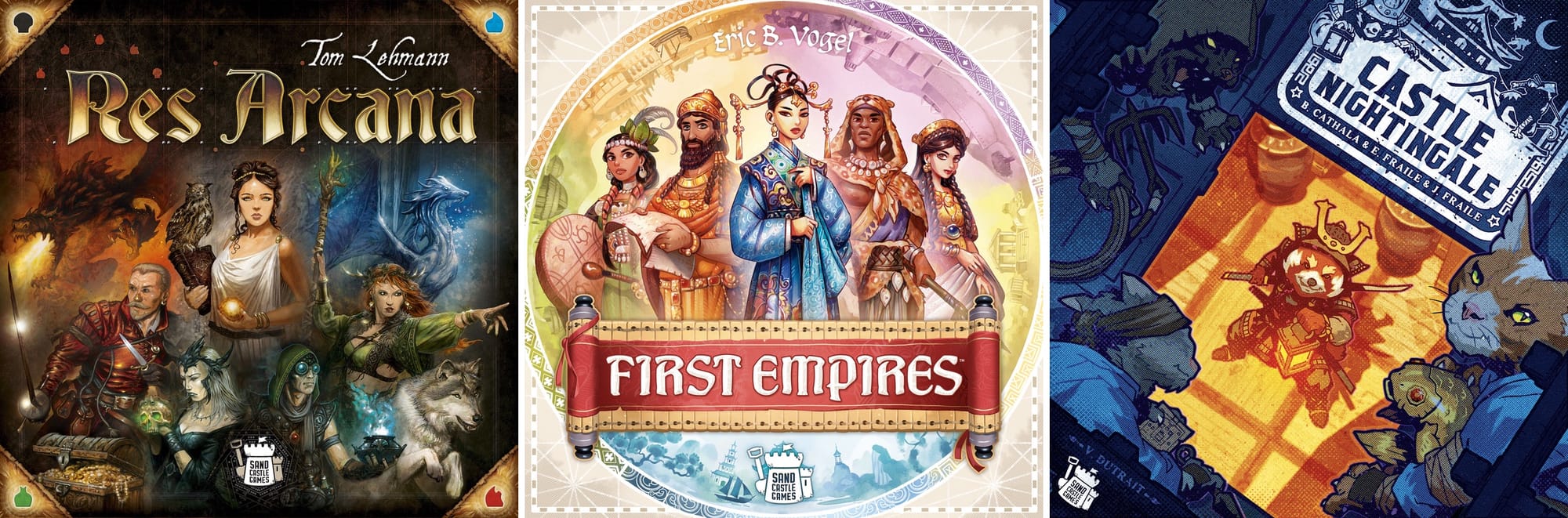 Front covers of Res Arcana, First Empires, and Castle Nightingale