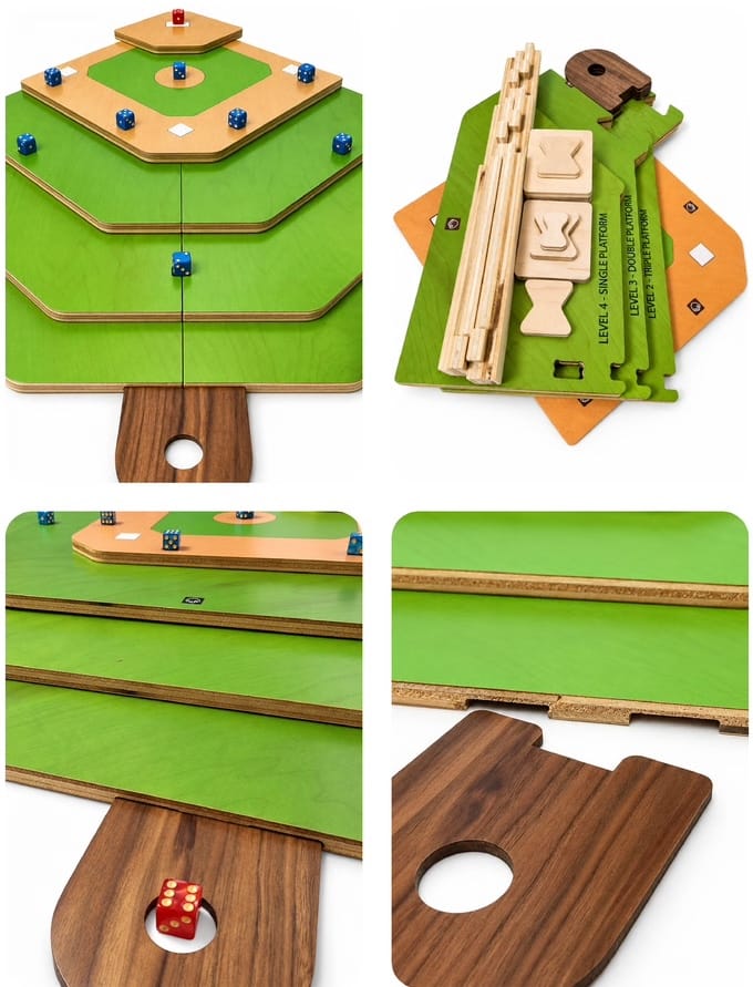 The image shows four pics of a wooden baseball field that is shipped in multiple parts and that you assemble before each game.