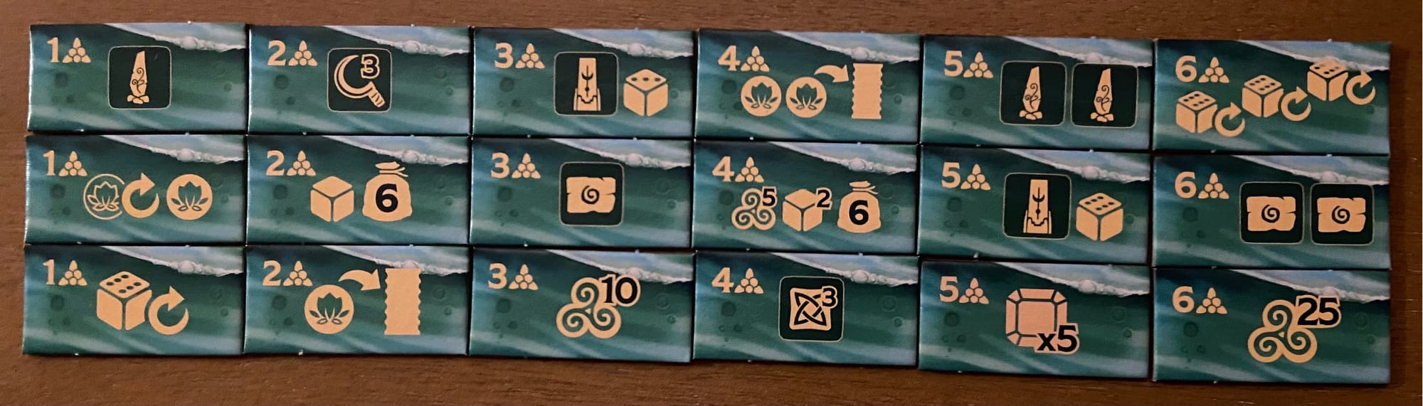 Eighteen pieces of cardboard have costs from 1-6 mistletoe, in addition to icons showing what you get.
