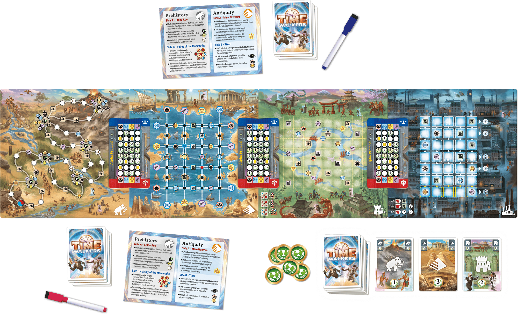 Four game boards are placed in a row, with three smaller game boards placed where the boards overlap. Each player has a marker and a small deck of cards.