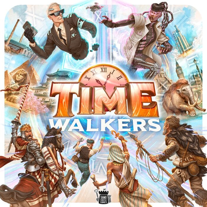 The front cover of Time Walkers shows humans from different eras of history, along with a sphinx, woolly mammoth, a factory, and a flying car.