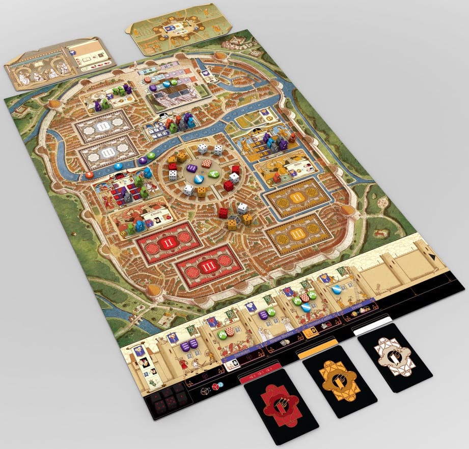 A game board features a walled city with many spaces within the walls for cards to be placed. Dice are placed in a central ring, and various wooden tokens are placed throughout the board.