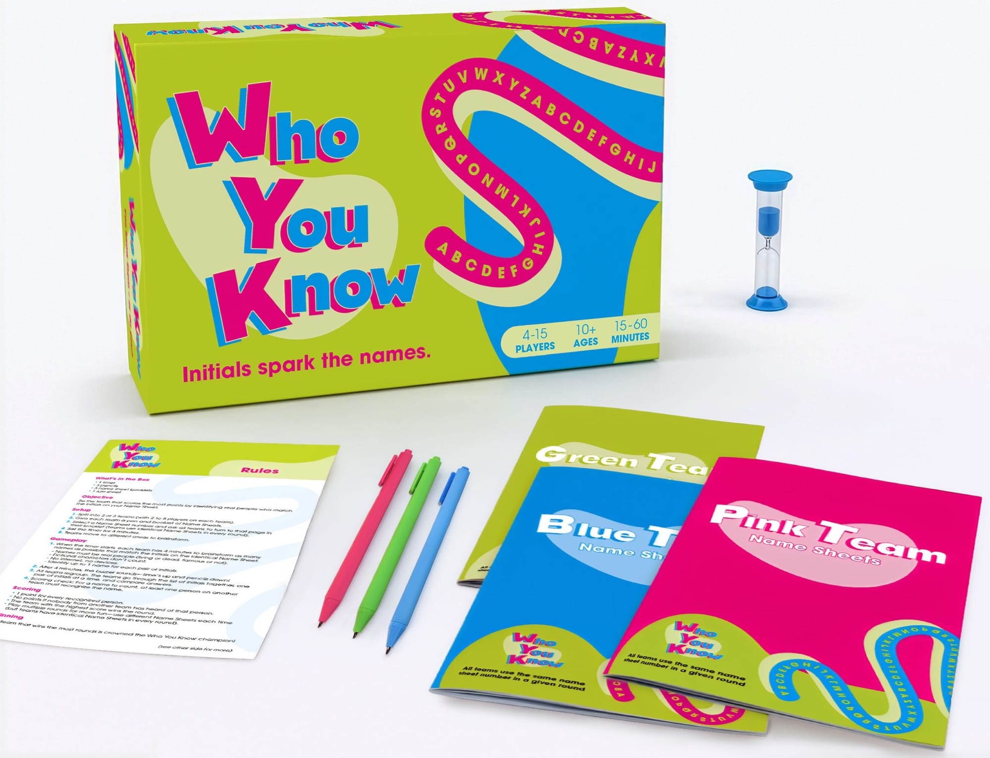 The image shows the Who You Know box, the three team booklets, a sand timer, pens, and rules.