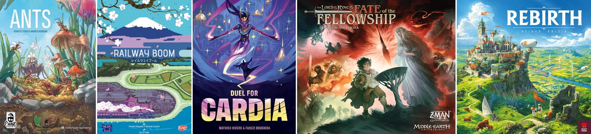 Front covers of Ants, Railway Boom, Duel for Cardia, The Lord of the Rings: Fate of the Fellowship, and Rebirth.