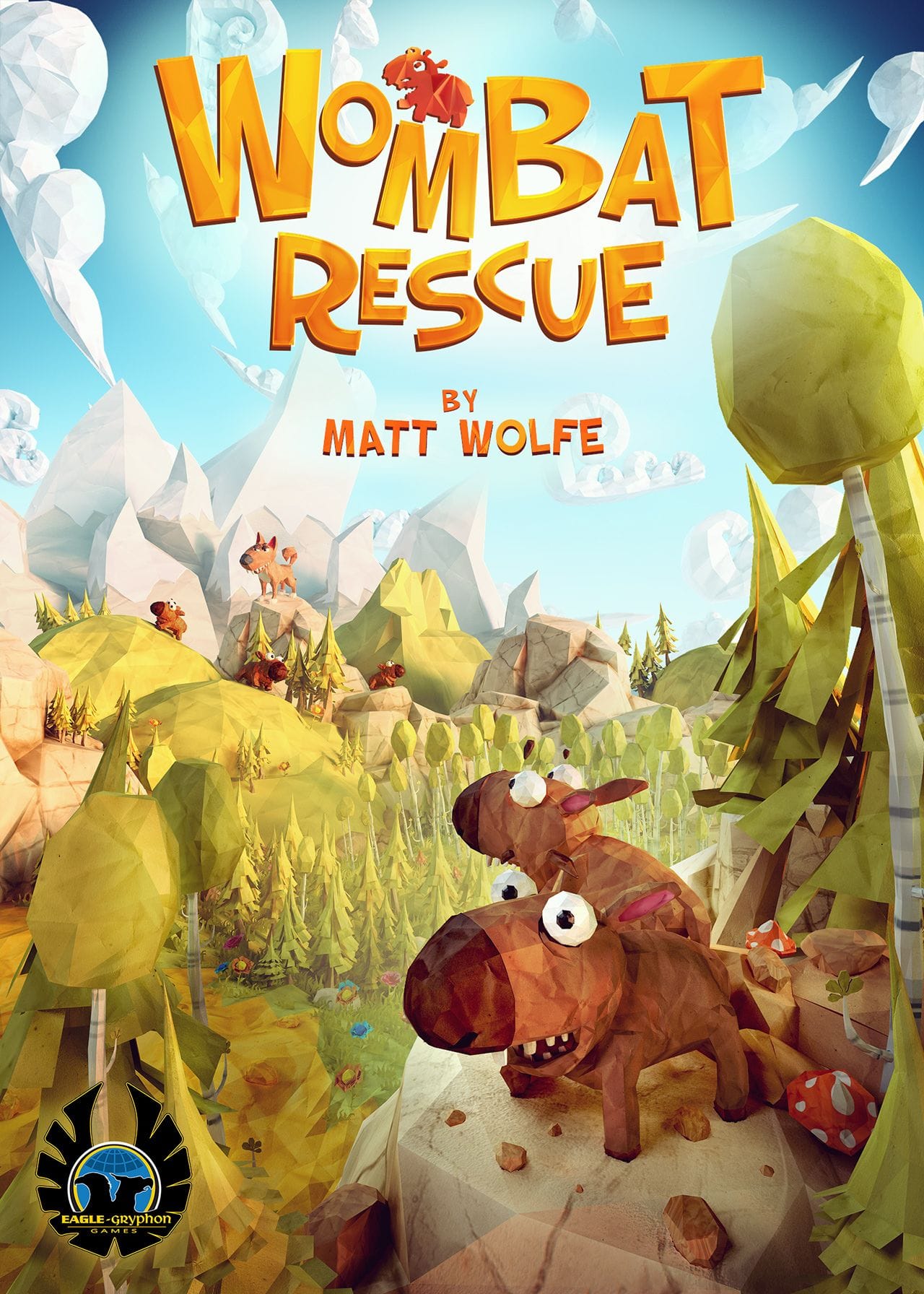 The front cover of the game Wombat Rescue, which features papier-maché-style wombats in a fantasy forest.