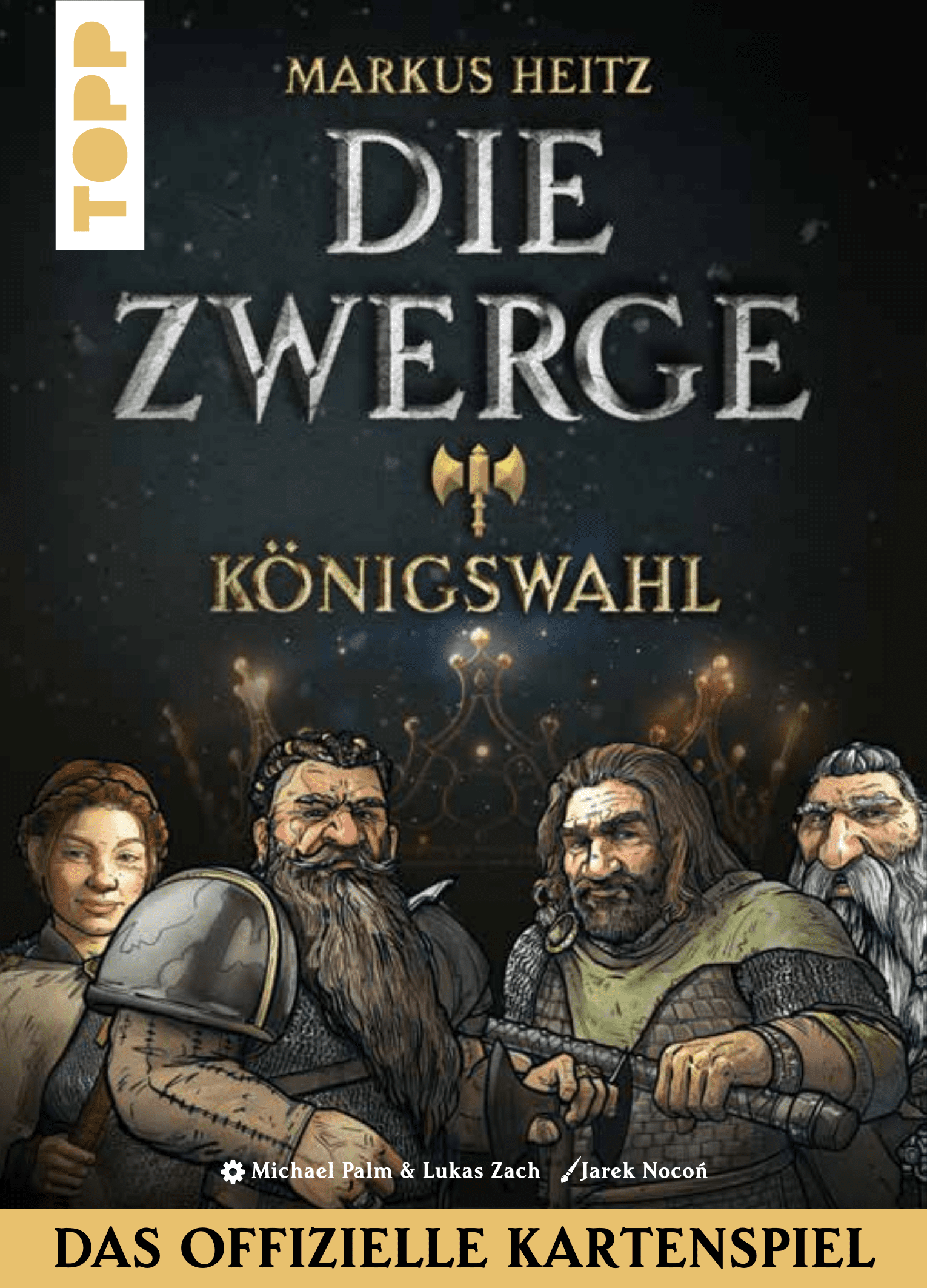 Front cover of Die Zwerge: Königswahl, which features a quartet of fantasy dwarves staring at the viewer.