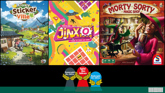 2026 Spiel des Jahres Nominees: Cozy Stickerville, JinxO, and Morty Sorty Magic Shop