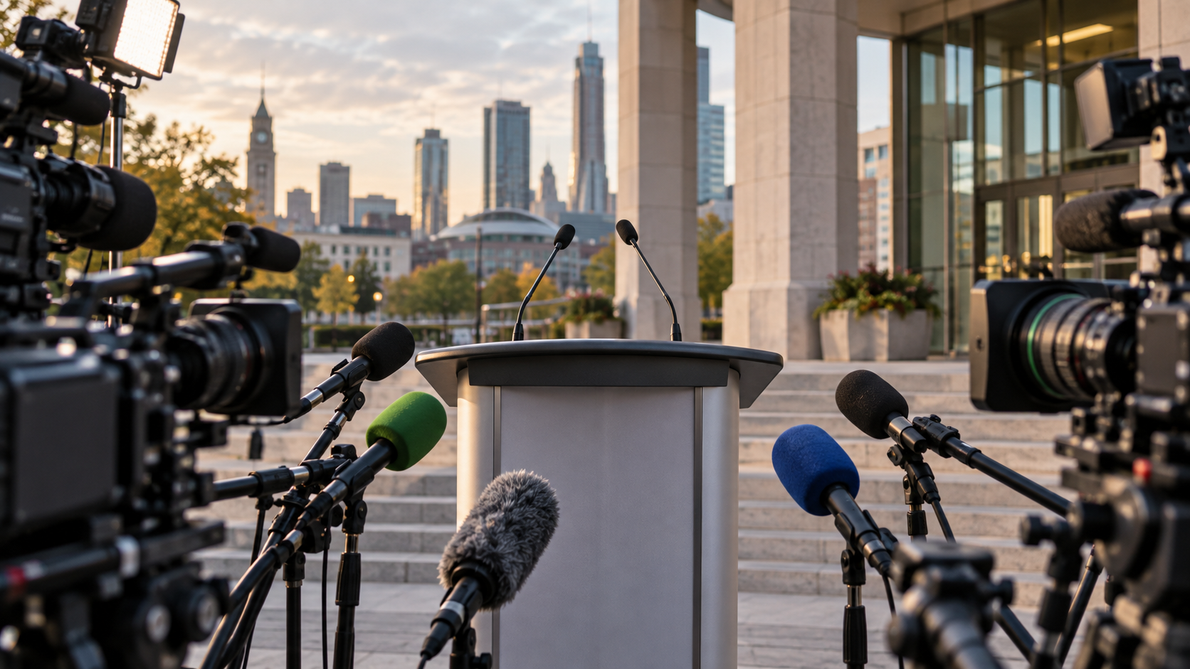 An empty municipal campaign lectern surrounded by reporters' microphones and television cameras outside a city hall.