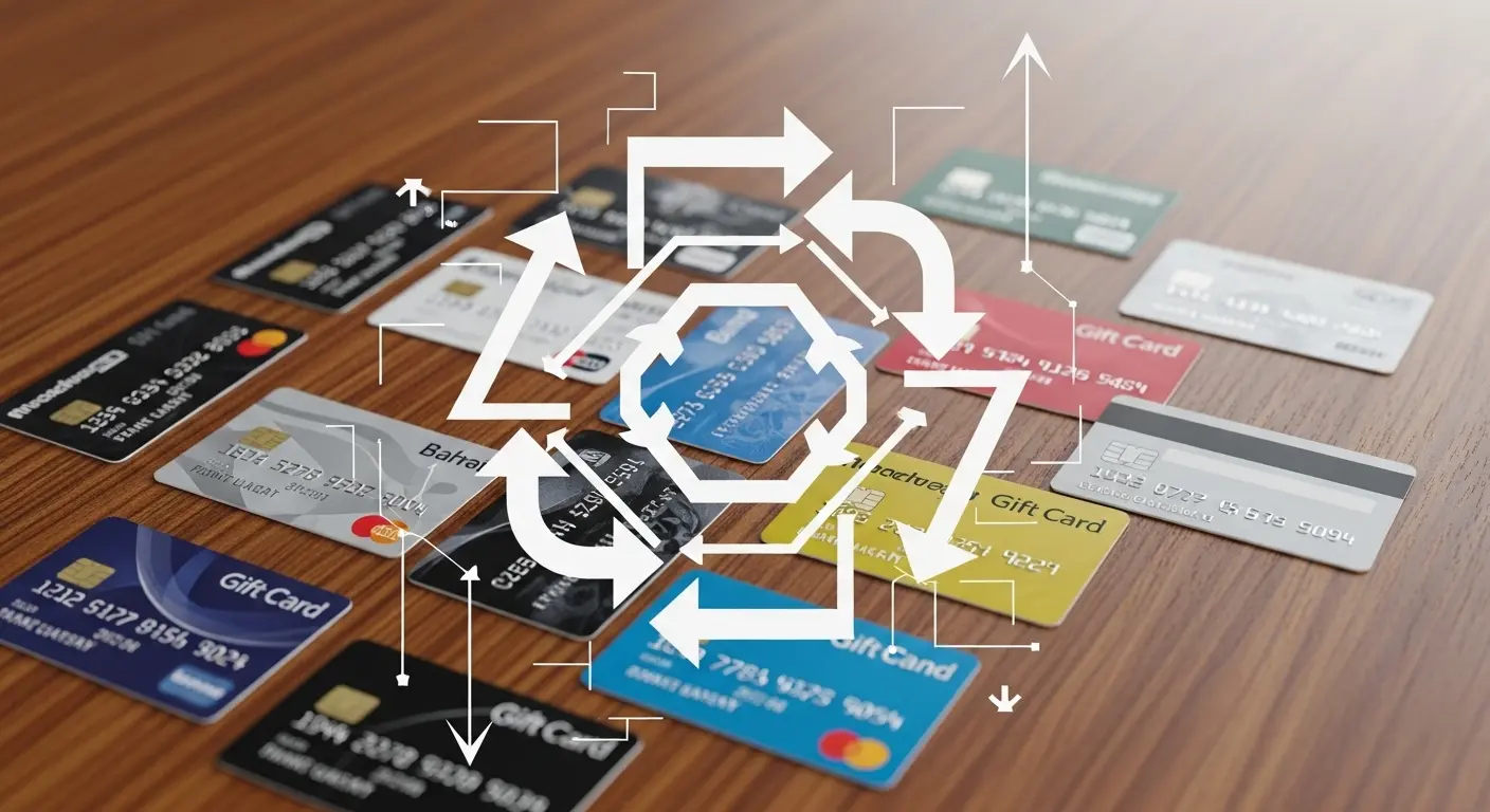 상품권과 신용카드가 테이블 위에 놓여 있고, 현금 흐름을 나타내는 화살표 인포그래픽이 겹쳐져 있는 장면