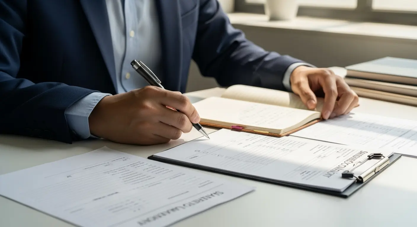 사무실 책상 위에 카드명세서와 노트, 사람이 메모하며 체크리스트 작성하는 장면