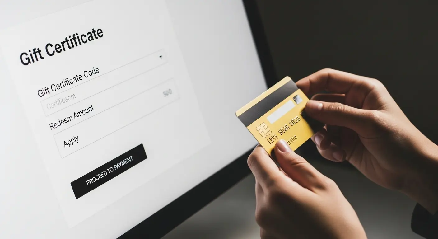 컴퓨터 화면에 상품권 결제 페이지가 떠 있고, 옆에서 신용카드를 들고 있는 사람