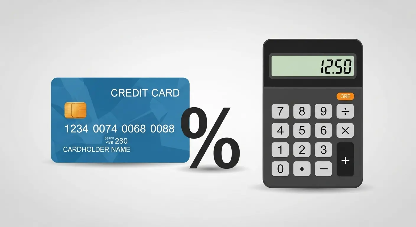 계산기 옆에 신용카드와 % 표시 그래픽, 수수료를 계산하는 장면