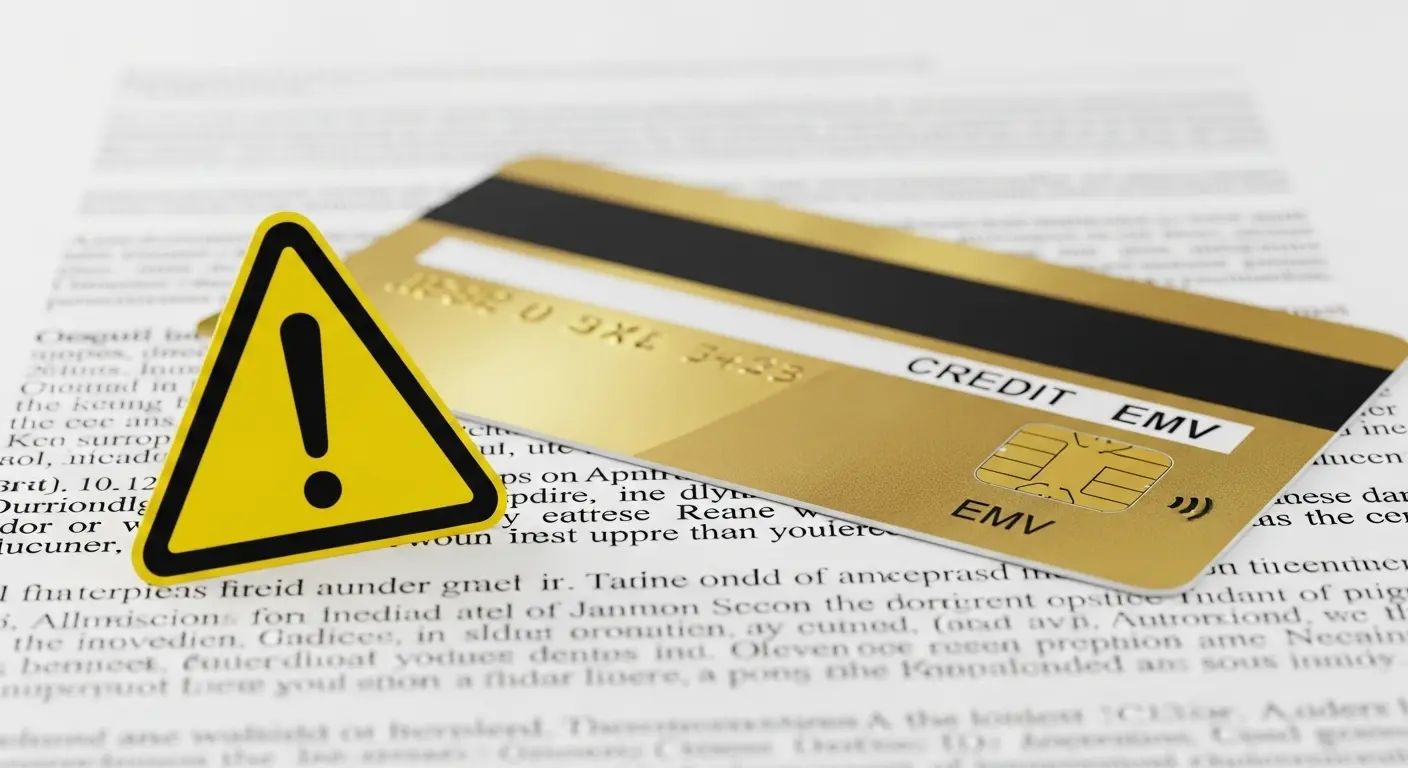 법률문서 위에 신용카드와 경고 아이콘이 함께 있는 이미지