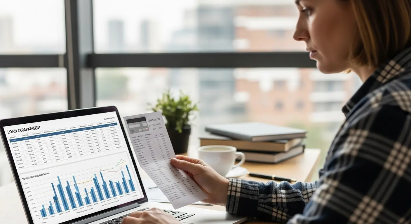 노트북 앞에서 카드 명세서를 검토하고, 대출 비교 차트를 보는 사람