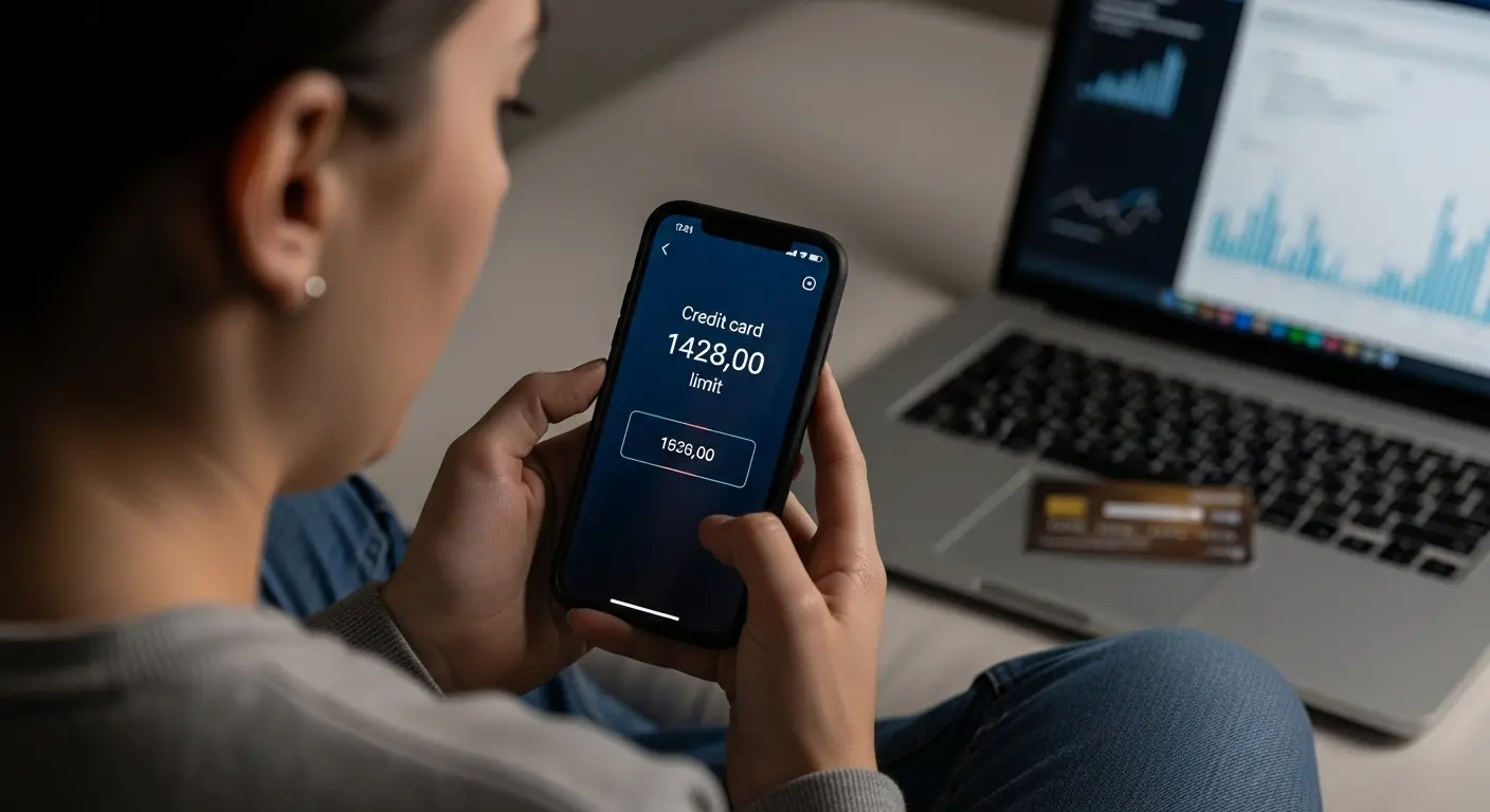 사람이 카드 한도를 확인하며 고민하는 모습, 노트북과 신용카드가 함께 있는 장면