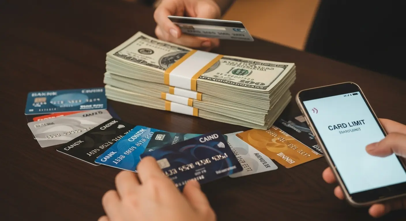 신용카드와 현금다발이 테이블 위에 놓여 있고, 카드 한도를 확인하는 사람의 모습