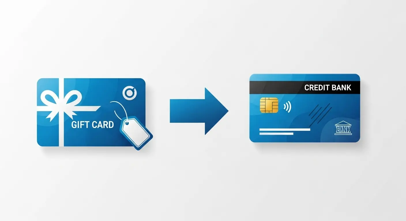상품권 아이콘과 신용카드, 화살표로 연결된 거래 과정 인포그래픽