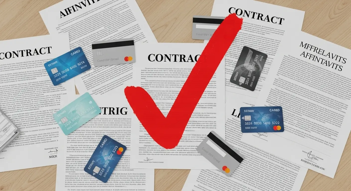 법률문서와 신용카드가 놓여 있고 빨간 경고 마크가 표시된 장면