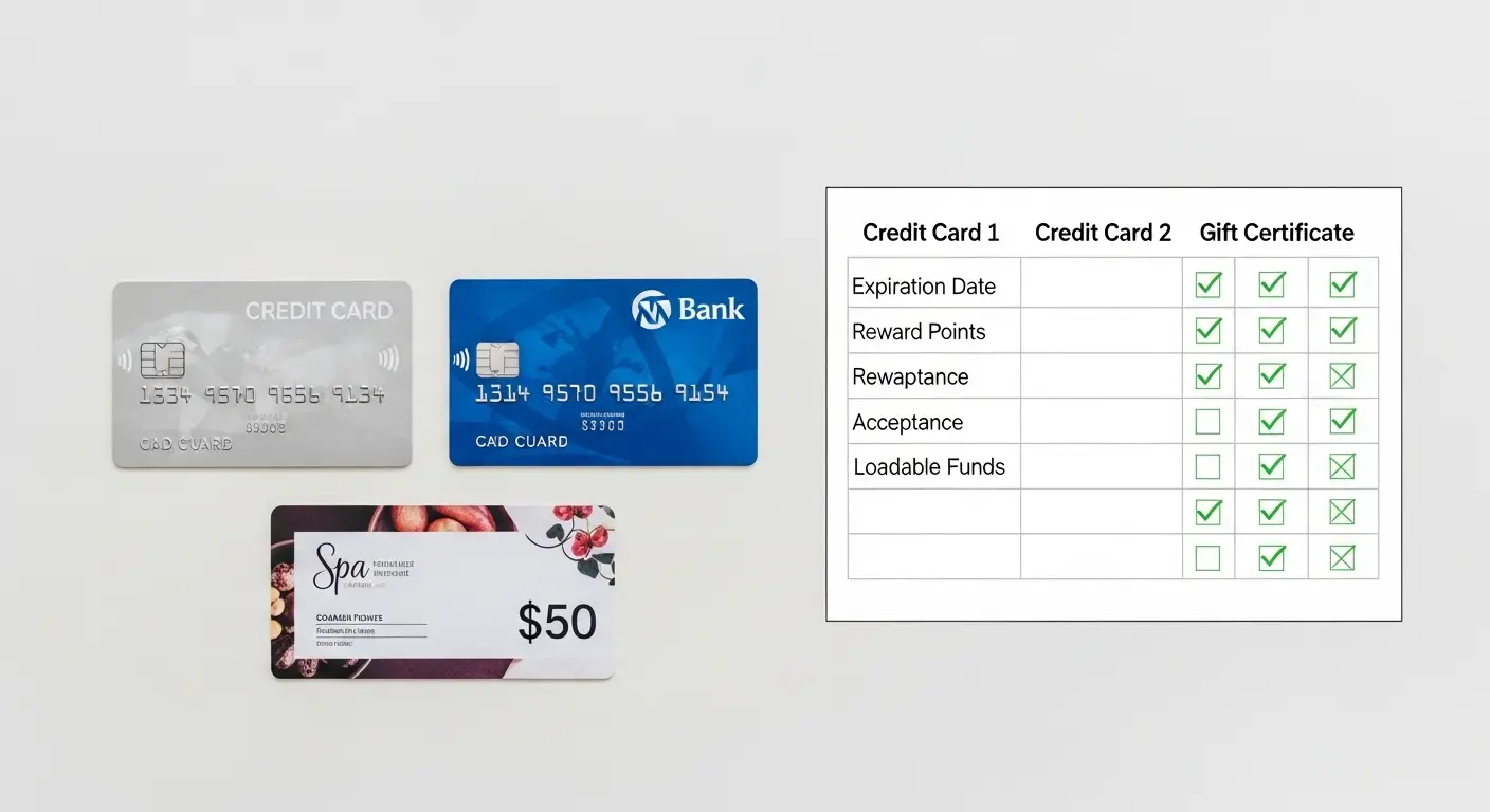 두 개의 신용카드와 상품권이 나란히 놓여 있고 그 옆에 비교표 스타일의 체크리스트가 있는 장면