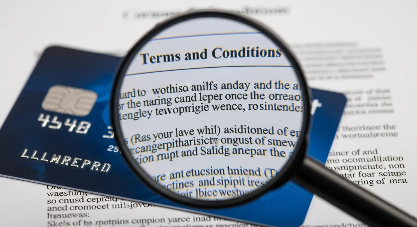 돋보기가 업체 약관 문서를 비추고 있는 장면, 신용카드 배경