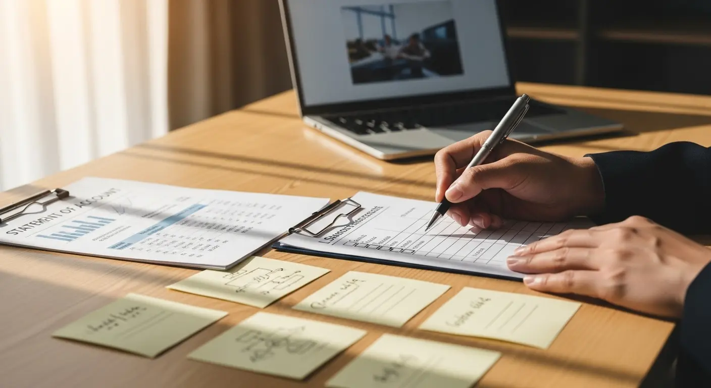 사무실 책상에 카드명세서와 메모지가 놓여 있고 사람이 체크리스트에 표시하는 장면