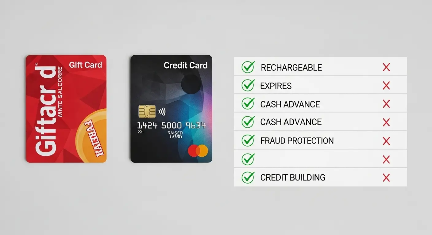 상품권과 신용카드가 나란히 놓여 있고 체크리스트 스타일 비교표가 옆에 있는 장면