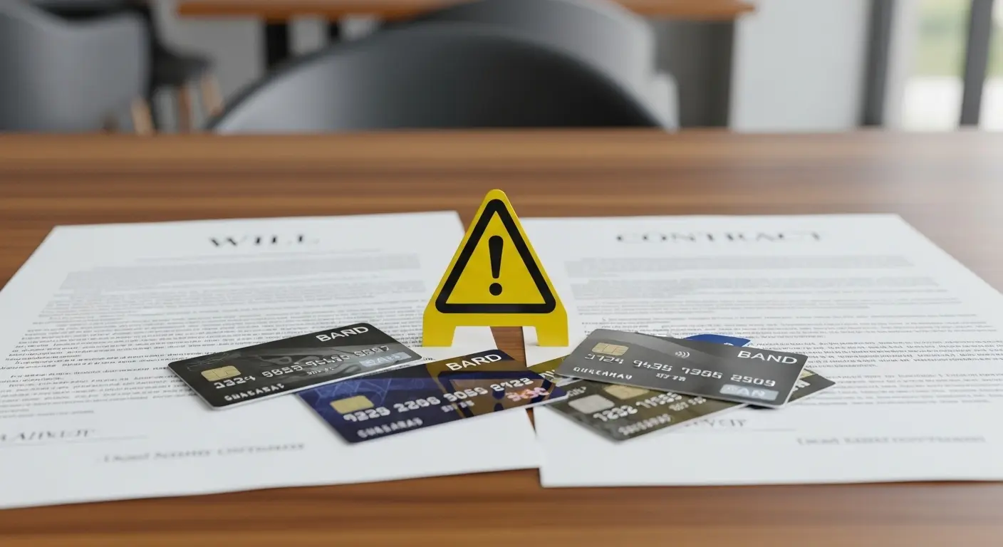 법률문서와 신용카드가 함께 놓여 있고 주의 아이콘이 추가된 장면