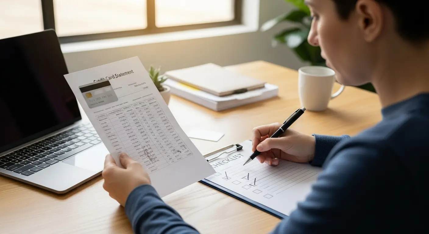 사무실 책상 위에서 카드명세서를 보고 체크리스트를 작성 중인 사람