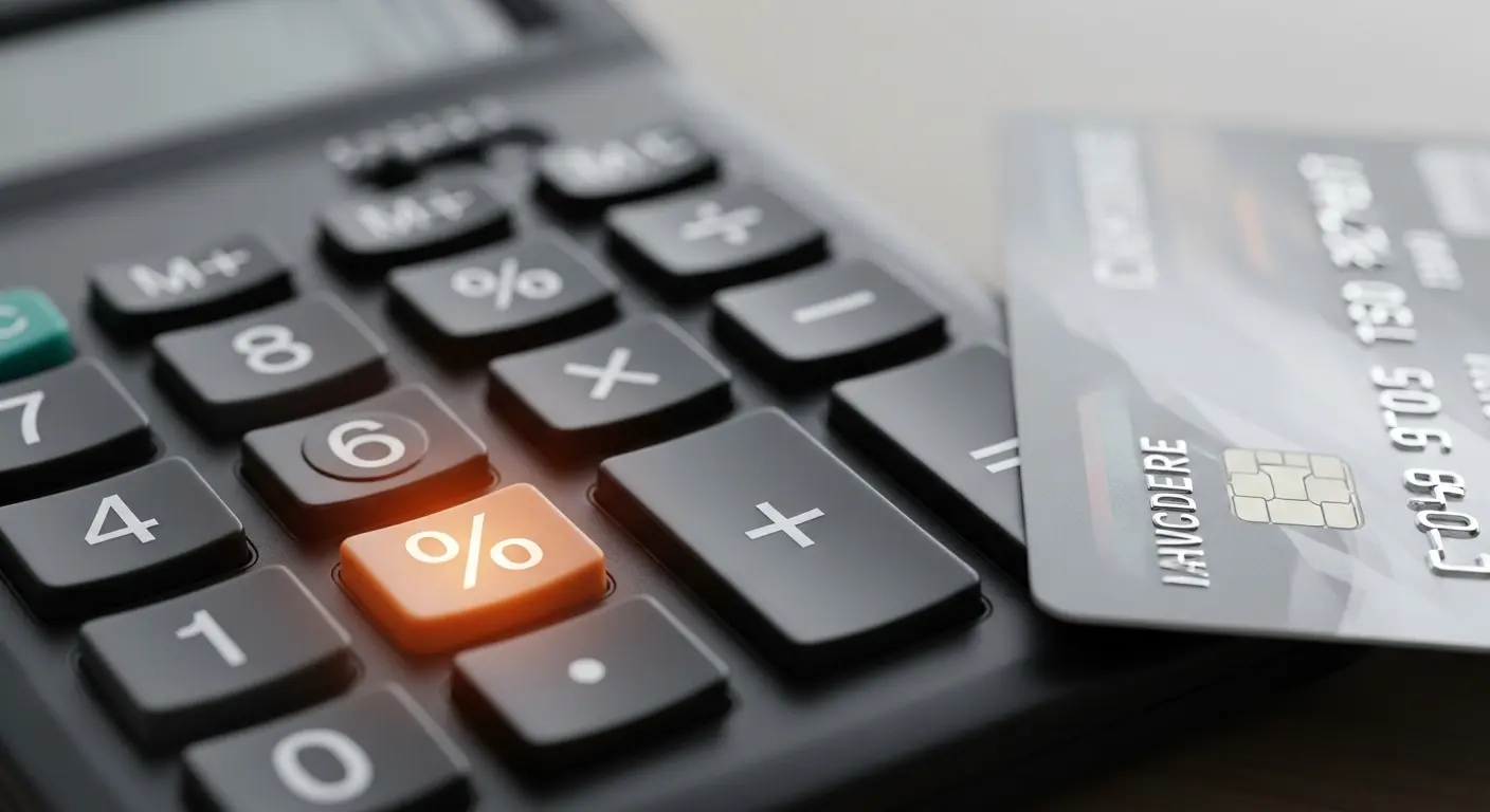 계산기와 신용카드가 함께 놓여 있고 ‘%’ 기호가 강조된 장면