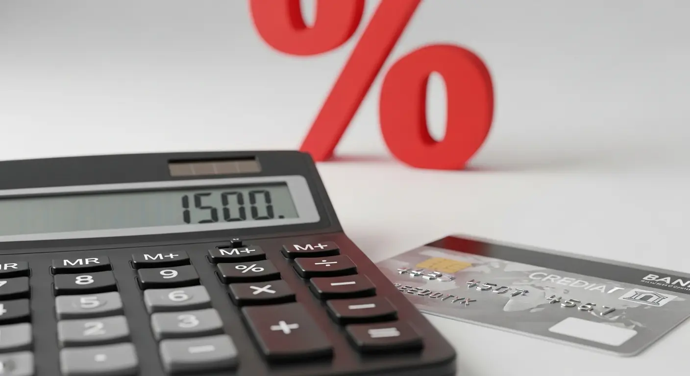 계산기와 신용카드, 그리고 % 기호가 크게 표시된 장면